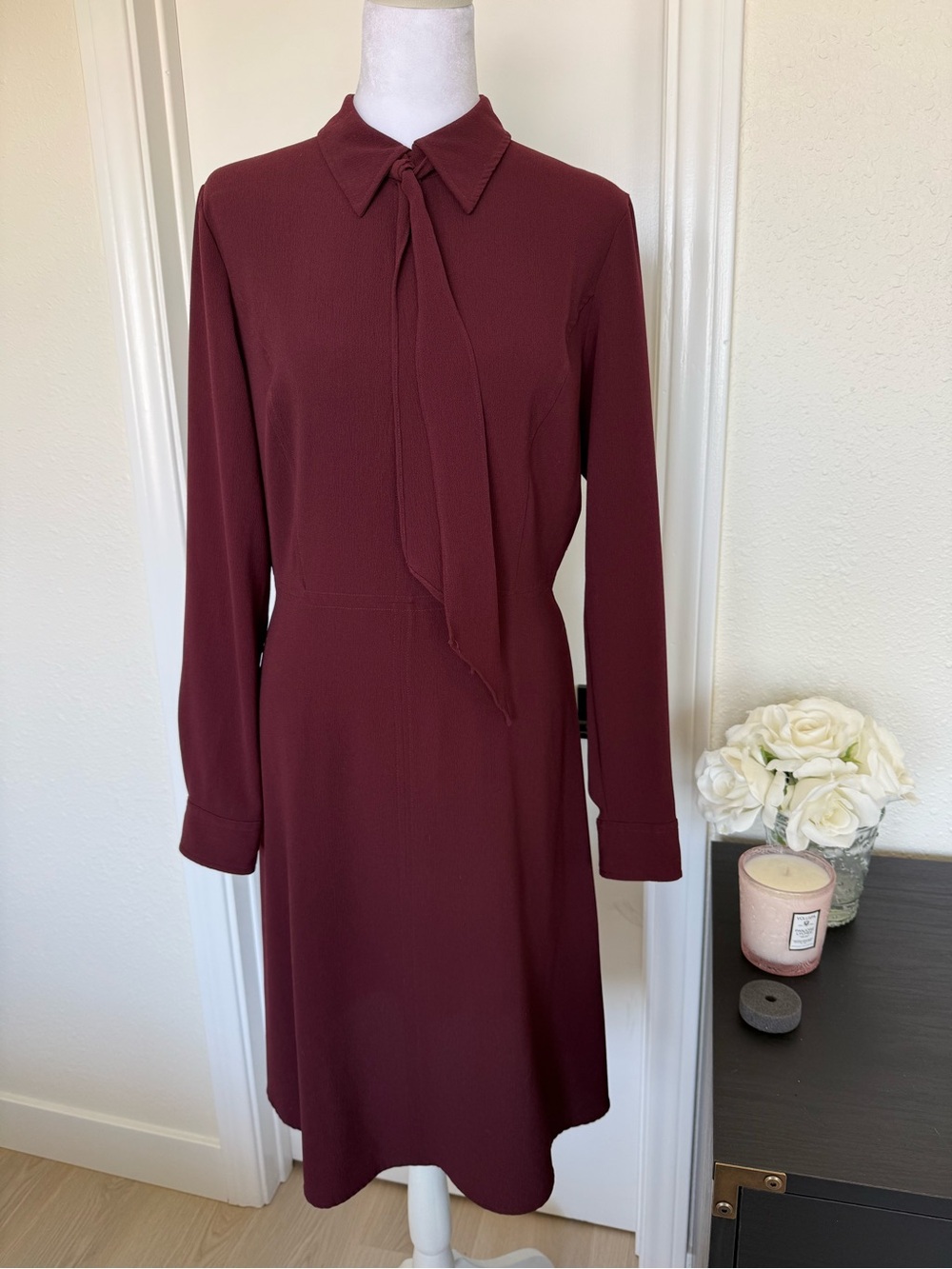 Who What Wear Wine Long-Sleeve Tie-Neck Dress
